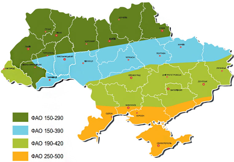 Карта выбора гибридов по ФАО в зависимости от климатической зоны Украины